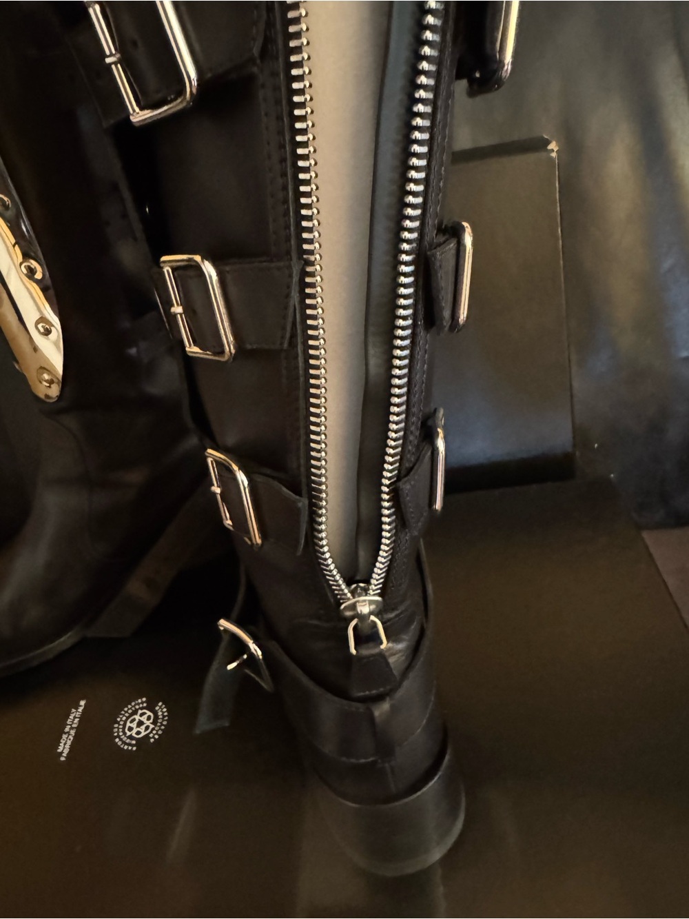 CHANEL Black Leather Knee-High Combat Boots with Silver Plate - Picture 5 of 16